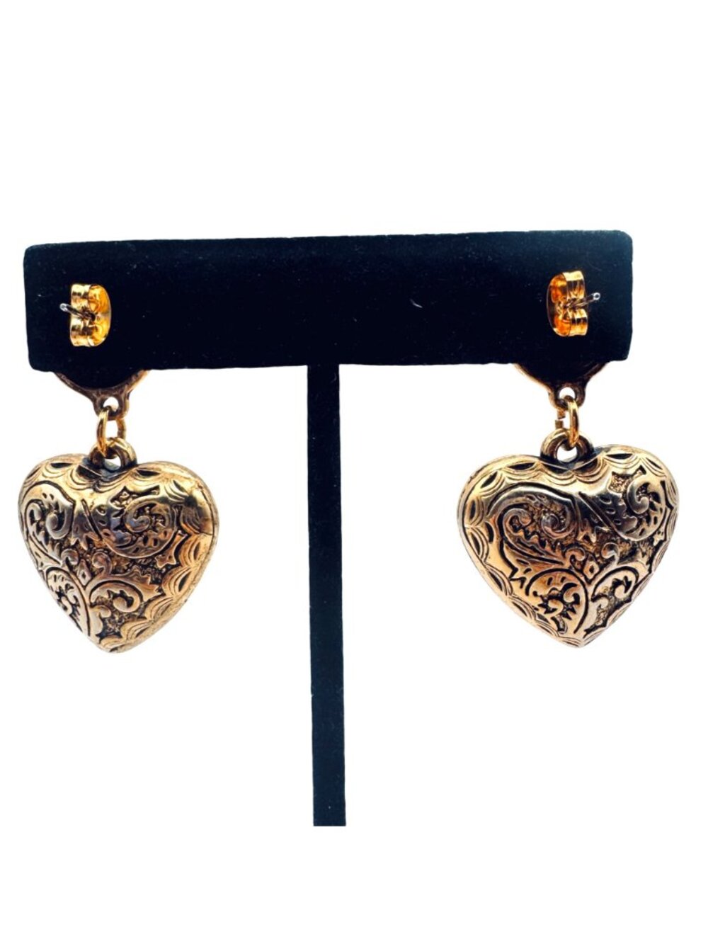 Vintage Puffy Heart Dangle Earrings Gold Tone Floral Embossed Western Cottage - Picture 4 of 5